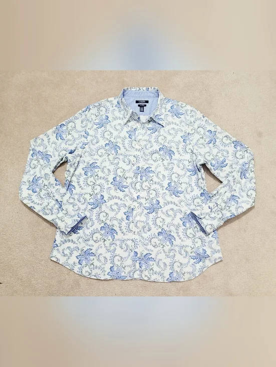 Womans Blue Floral Button Up Shirt 100% Cotton Lightweight Paisley Classic Chaps - Picture 13 of 13